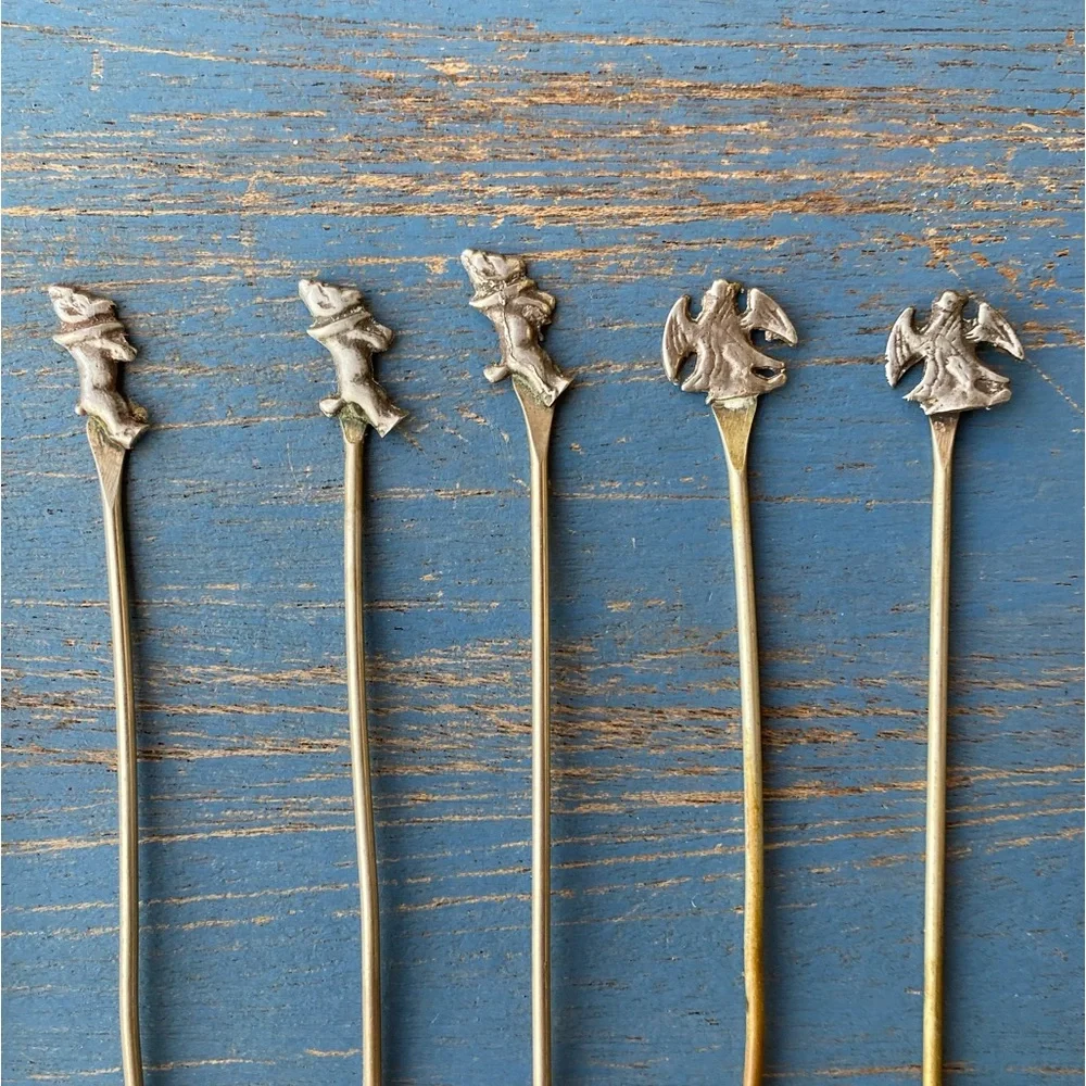 Vintage 12 Handmade Silver Themed hors d’oeuvre Serving Forks Roster Dog Ect.